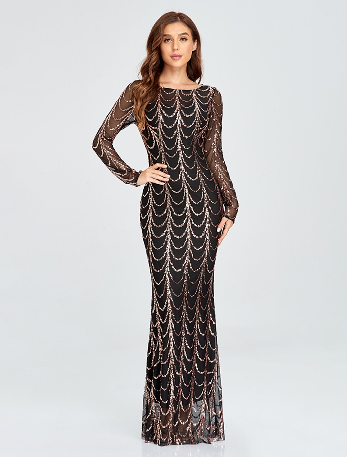 Mermaid / Trumpet Sparkle Elegant Party Wear Formal Evening Dress Jewel Neck Long Sleeve Floor Length Sequined with Sequin / Illusion Sleeve